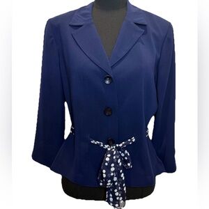 Dressbarn Women's Classic Short Sleeve Navy Blue Blazer, Polka Dot Tie, Size 10